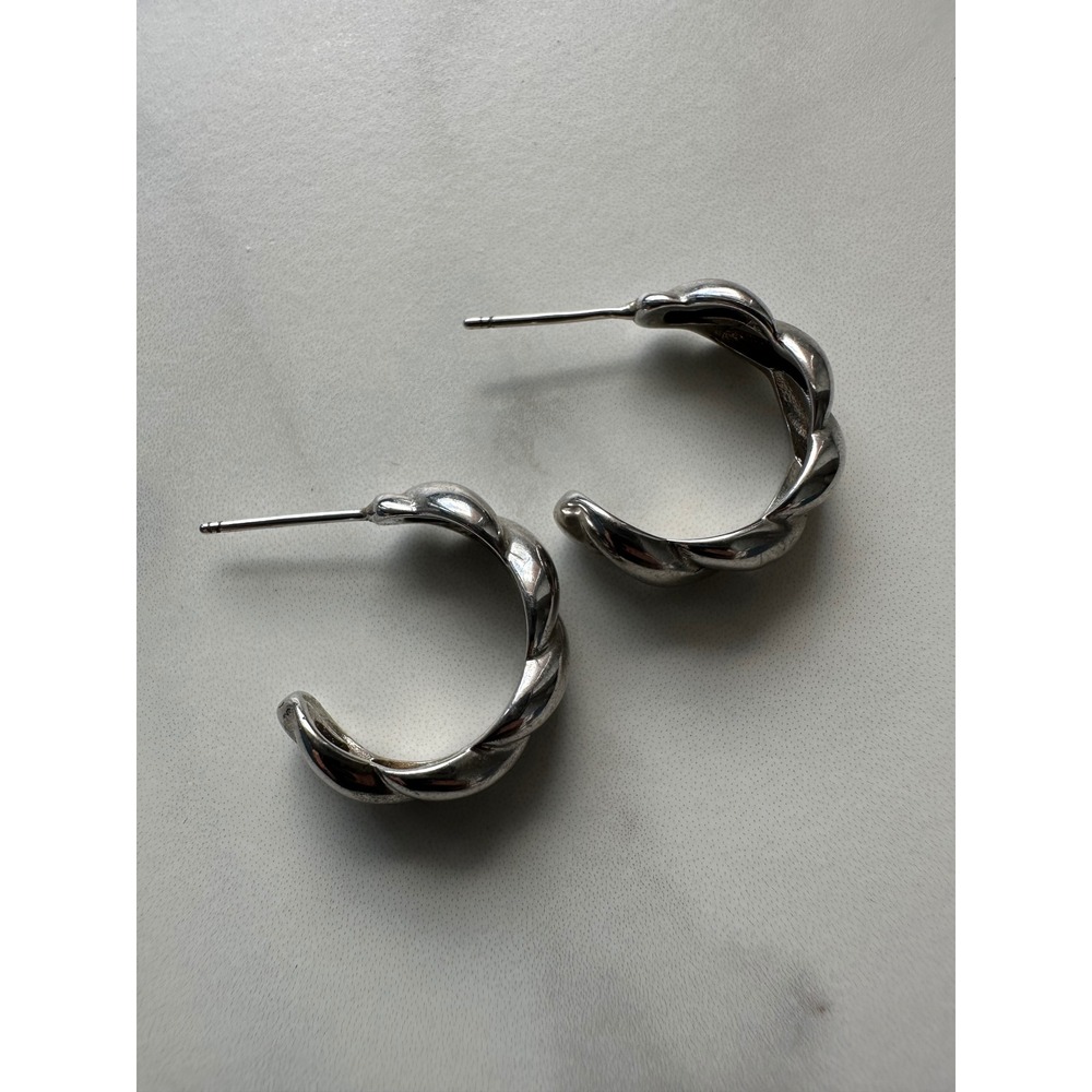 Sterling Silver 925 Twisted Croissant Hoop Earrings Silver Ribbed C-Hoops